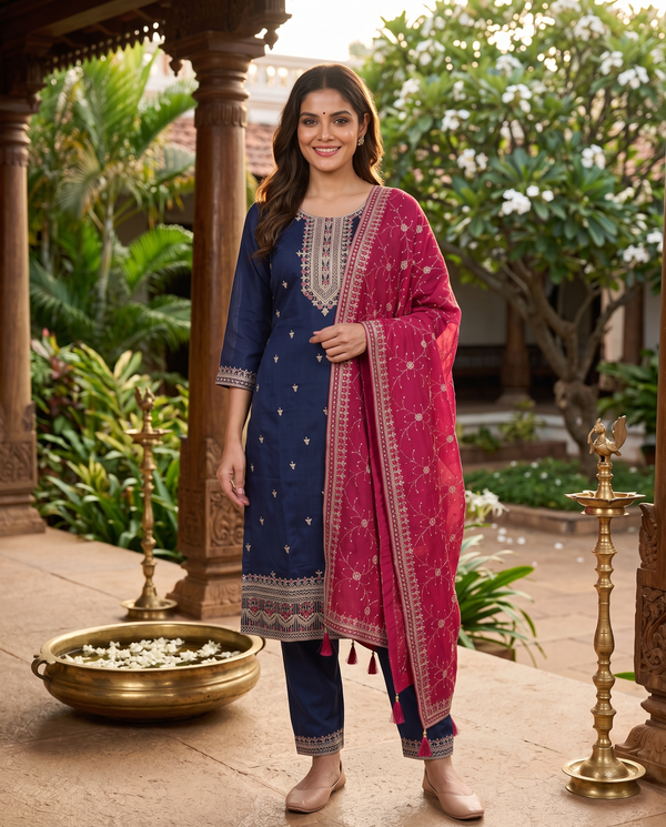 Navy Blue with Rani Pink Ready Made Kurti Set