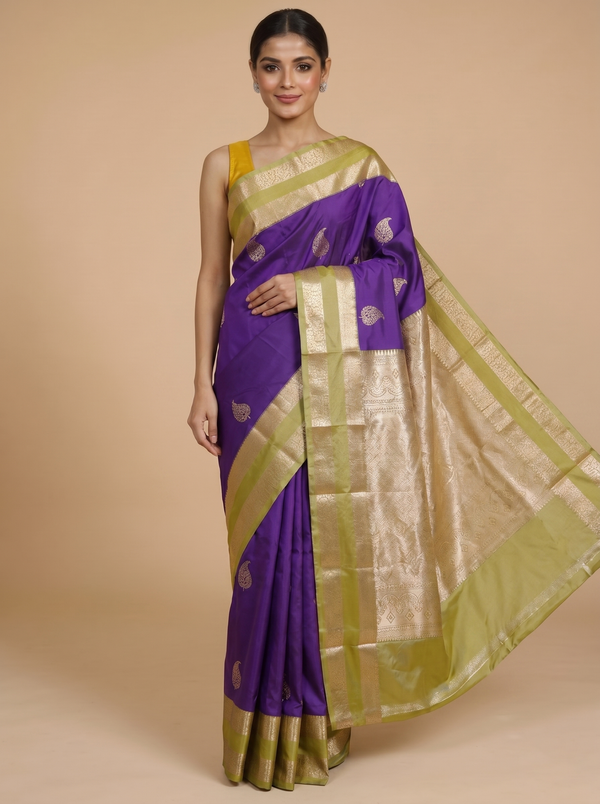 Purple Saree with Lime Green Kanchipuram Fancy Silk Saree