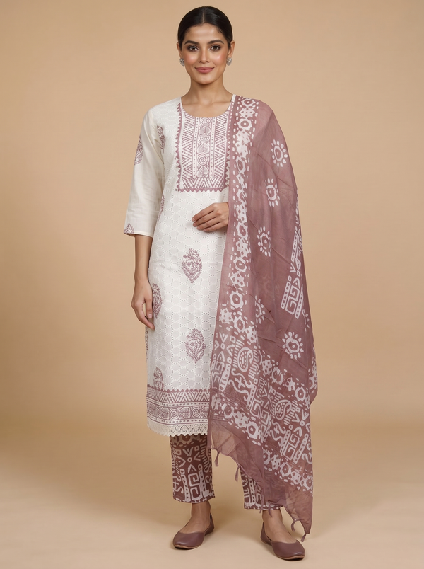 Off-White with Dusty Rose Mauve Ready Made Straight Cut Kurti Set