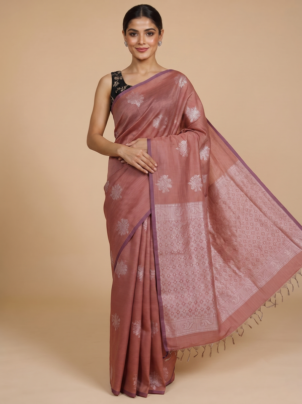 Pastel Onion Pink with Deep Wine Silk Cotton Saree