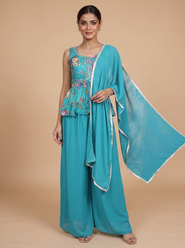 Teal Blue with Floral printed Dupatta Ready Made Kurti Set