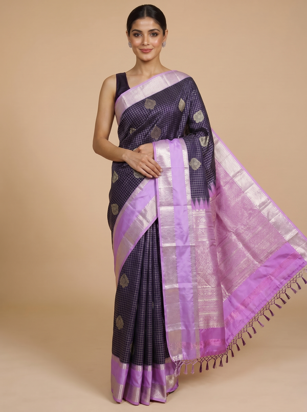 Navy Blue with Pink Kanchipuram Fancy Silk Saree