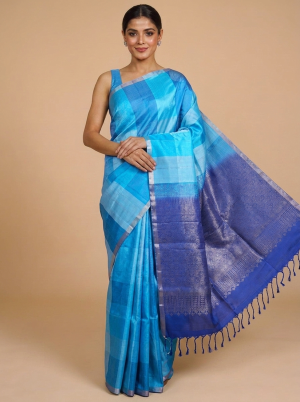 Sky Blue and Royal Blue Pure Soft Silk Saree