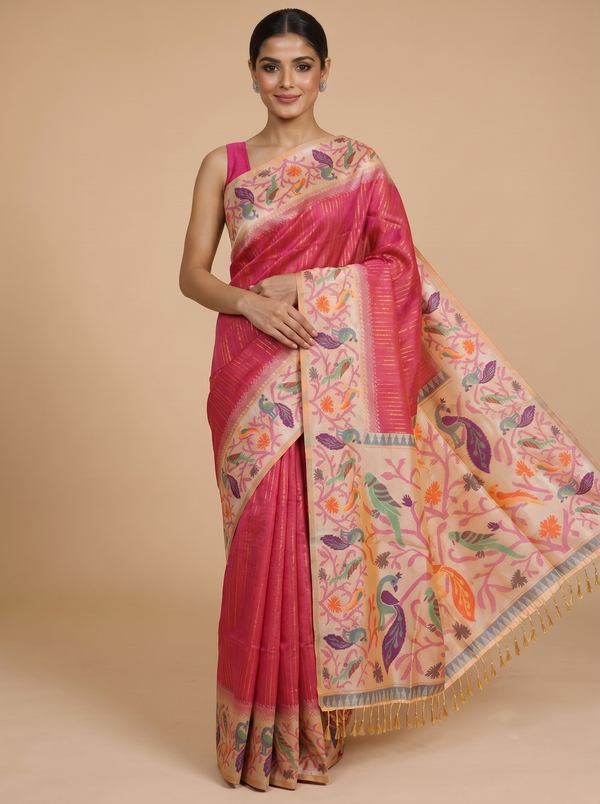 Dark Pink with Beige and Multicolor Munthi Fancy Silk Saree