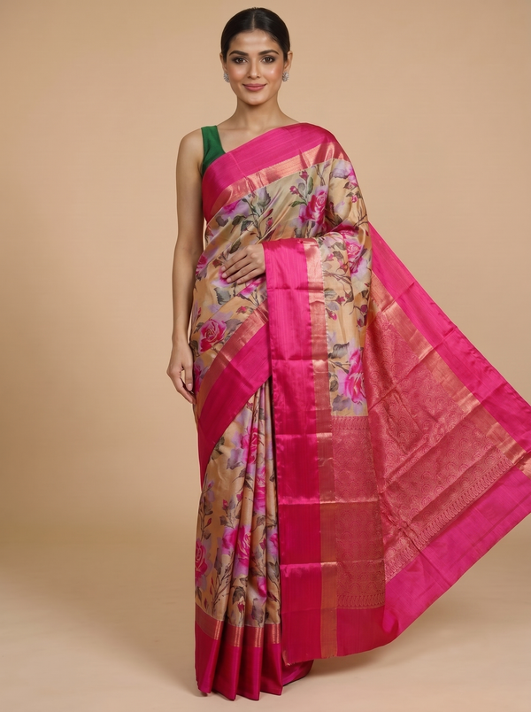 Magenta Pink and Gold Kanchipuram Fancy Silk Saree