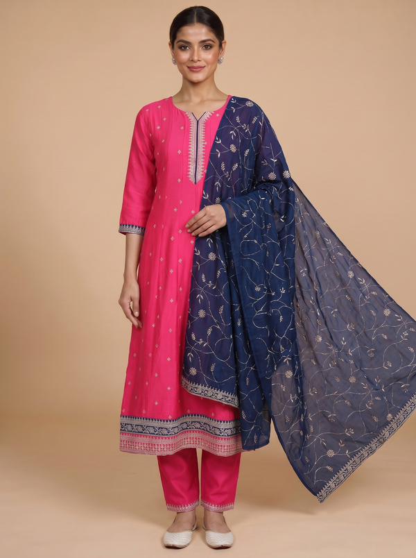 Pink with Navy Blue Ready Made Umberella Cut Kurti Set