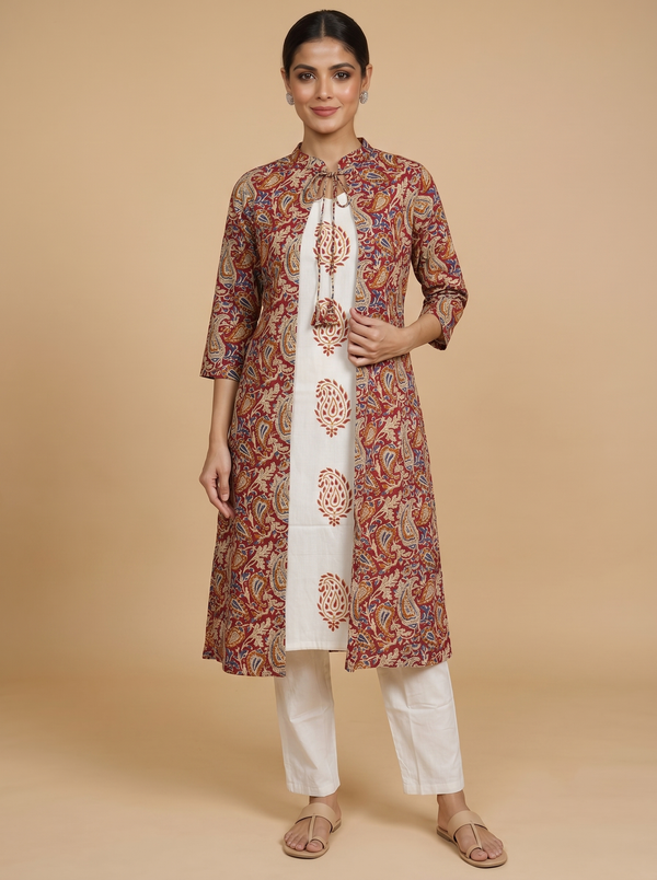Off-White and Red Kalamkari Print long jacket Ready Made Kurti Set