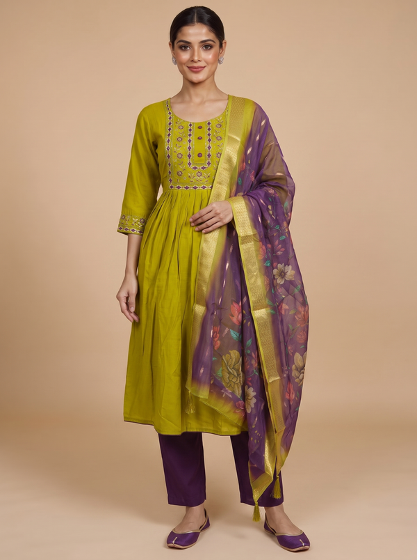Olive Green with Purple Dupatta Anarkali Kurti Set