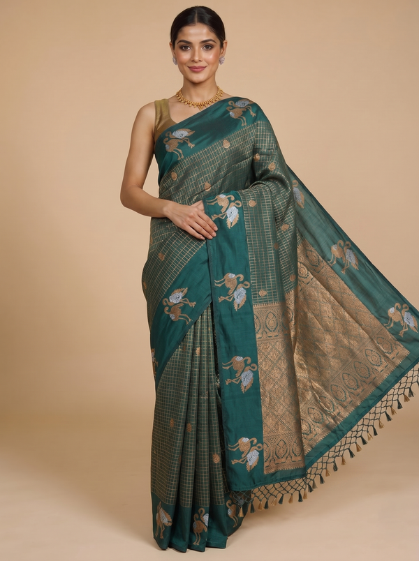 Bottle Green with Golden Pallu - Semi Tussar Saree