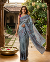 Ice Blue with Multicolor Floral Pallu - Semi Tussar Saree