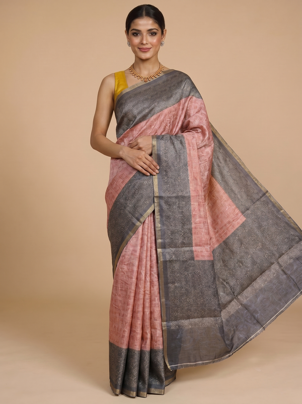 Dusty Pink with Charcoal Grey - Linen Cotton Saree