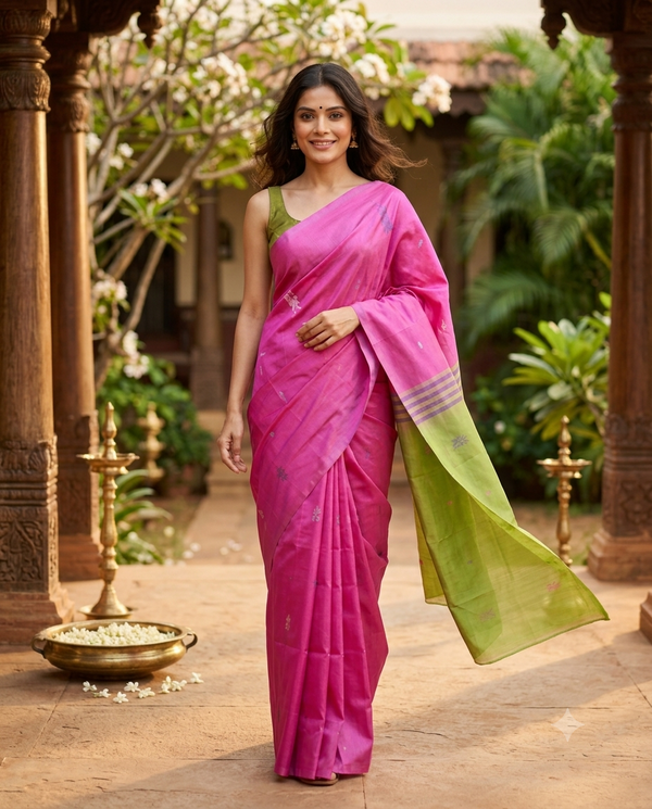 Rani Pink and Lime Green Banana Silk Sarees