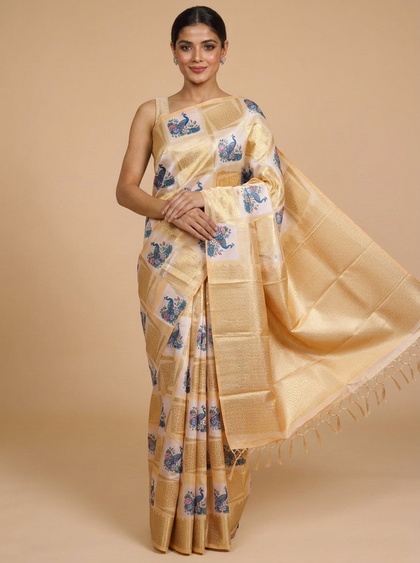 The Royal Peacock cream and pastel yellow Semi Tussar Saree
