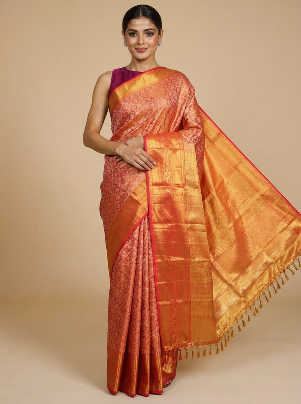 Orange and Gold Kanchipuram Pure Mix Saree
