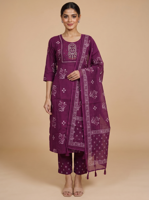 Magenta Ready Made Straight Cut Kurti Set