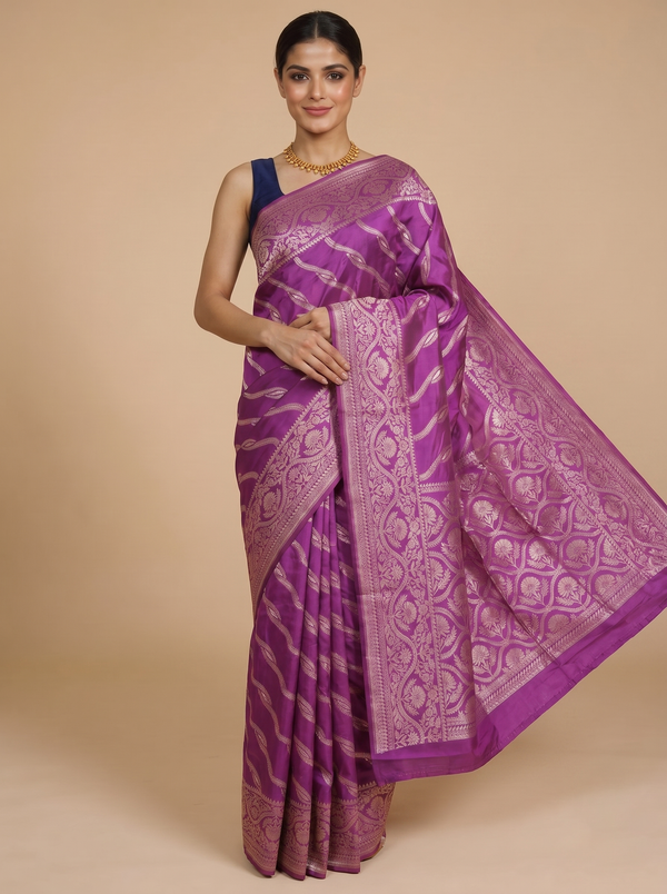 Magenta Purple with Matte Gold - Semi Tussar Saree