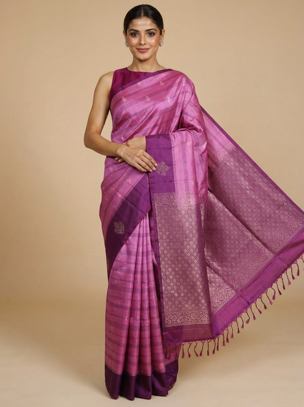 Orchid Pink and Wine Purple Pure Soft Silk Saree