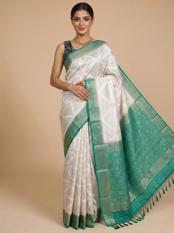 Off-White with Emerald Green - Semi Tussar Saree