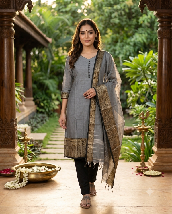 Grey Cotton Elephant Motif Handloom Chettinad Cotton Straight Cut Kurti Set