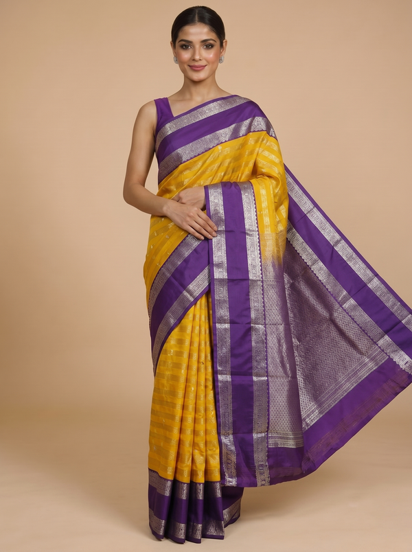 Yellow and Purple Kanchipuram Fancy Silk Saree