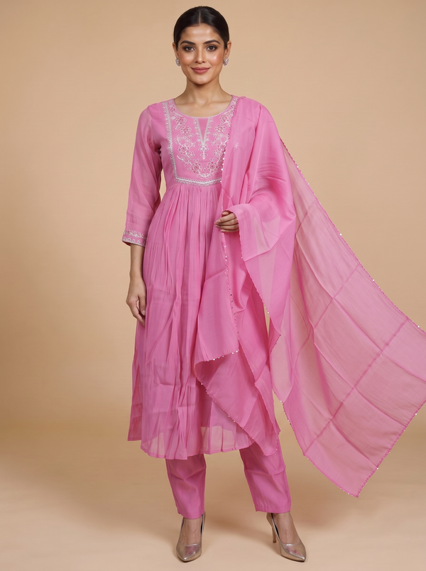 Pink with Dupatta Anarkali Kurti Set