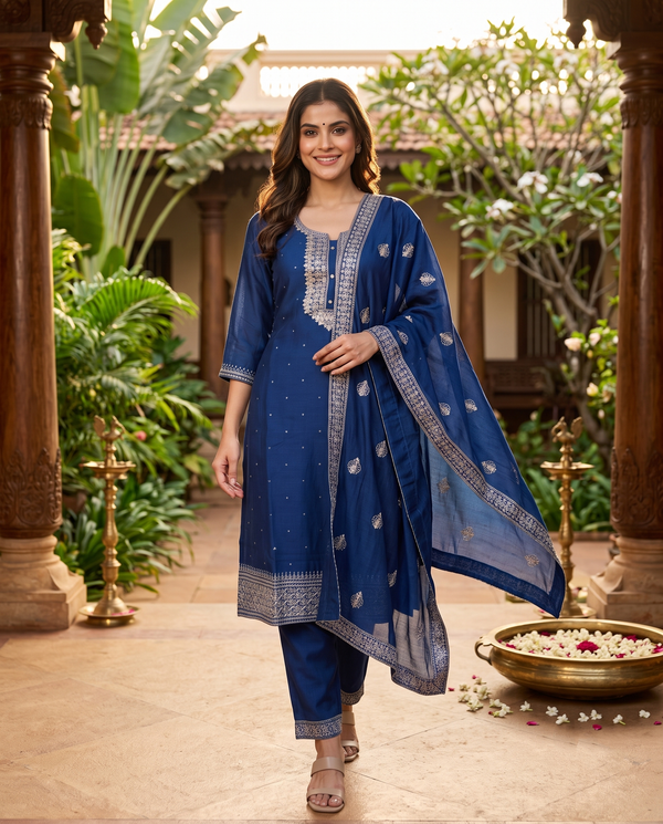 Navy Blue with Zari Dupatta Ready Made Straight Cut Kurti Set