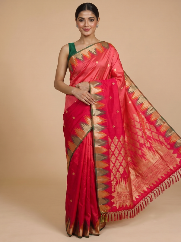 Elegant Crimson Red with Antique Gold Pure Kanjivaram Silk Saree with Temple Border