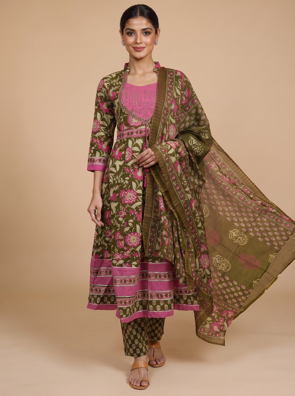 Olive Green with Pink Dupatta Anarkali Kurti Set