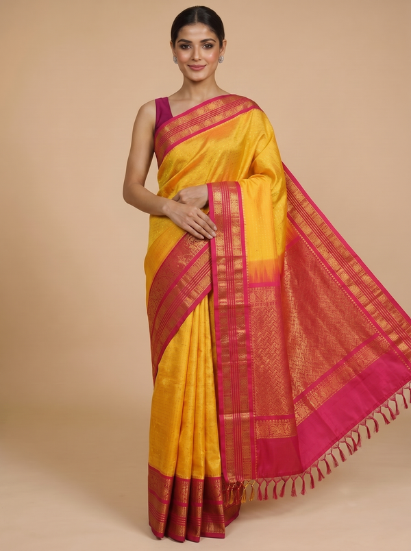 Mustard Yellow and Magenta Pink Pure Silk Cotton Saree