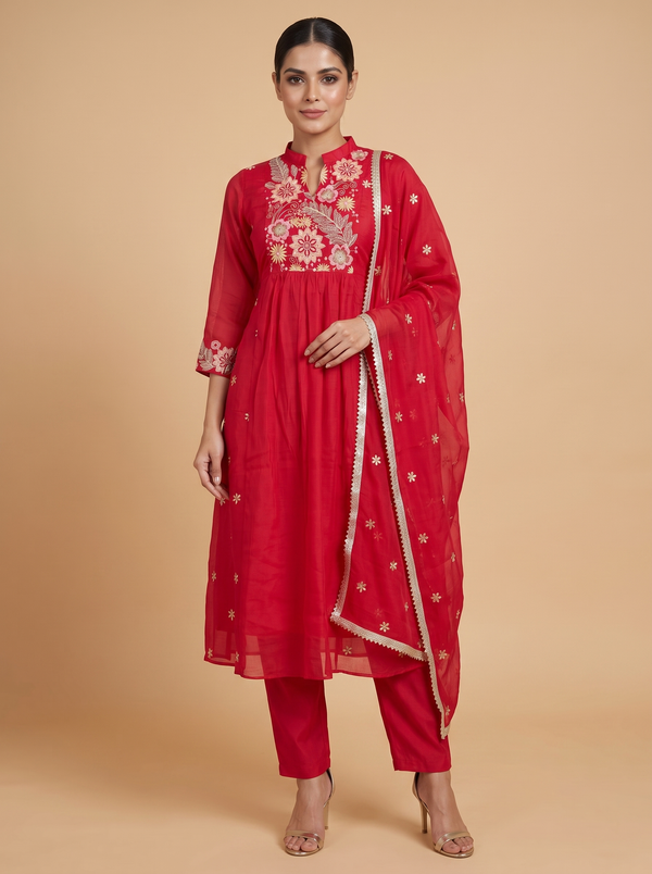 Crimson Red with Dupatta Anarkali Kurti Set