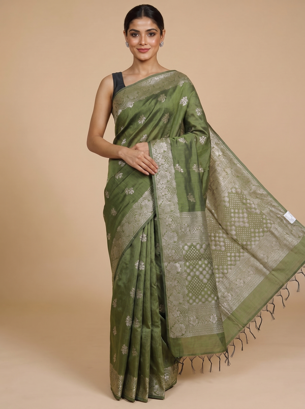 Olive Green Silk Cotton Saree