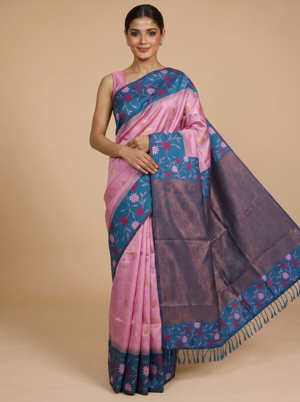 Pink with Teal Blue Fancy Silk Saree