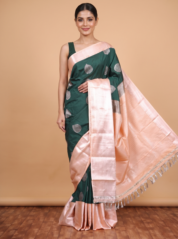 Bottle Green with Peach Kanchipuram Fancy Silk Saree