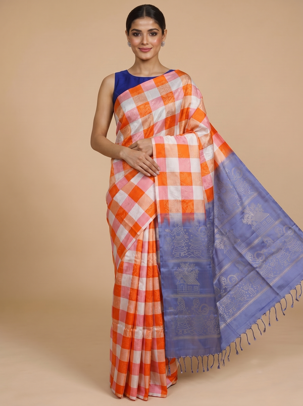 Orange and Off-White Checked Pure Soft Silk Saree