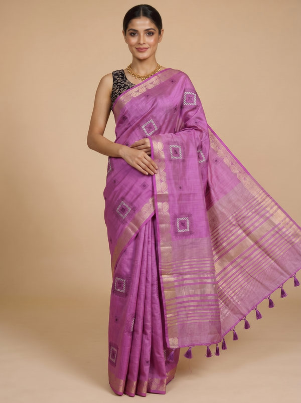 Orchid Pink with Gold - Semi Tussar Saree