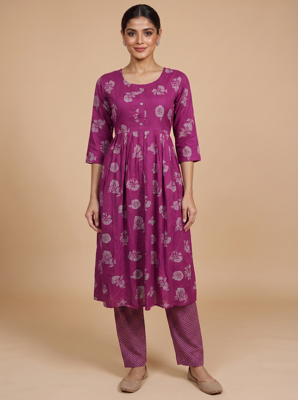 Magenta Printed Anarkali Kurti Set