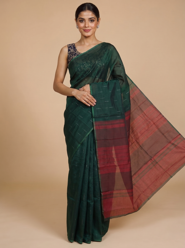 Dark Green and Brick Red Silk Cotton Saree