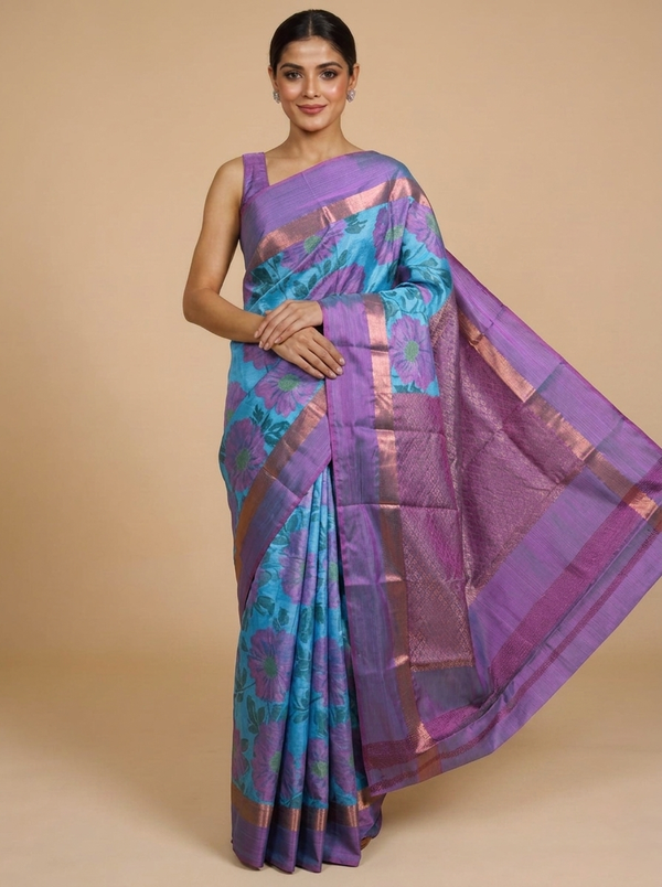 Sky Blue and Mauve Kanchipuram Fancy Silk Saree