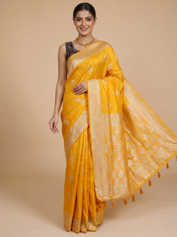 Mustard Yellow with Silver Zari - Semi Tussar Saree
