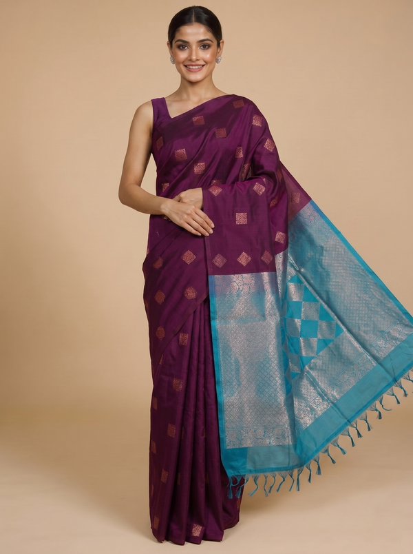 Deep Wine and Cyan Blue Zari Weave Pure Silk Cotton Saree