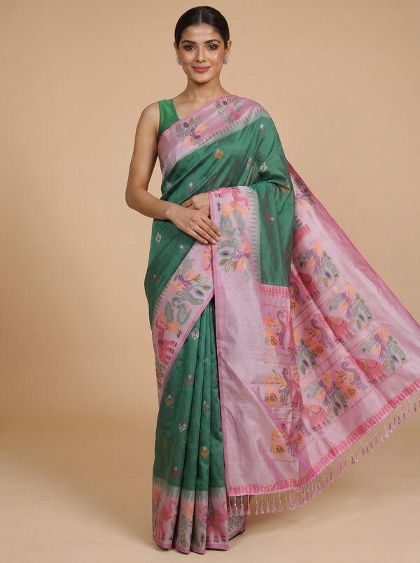 Emerald Green with Pastel Pink Munthi Fancy Silk Saree