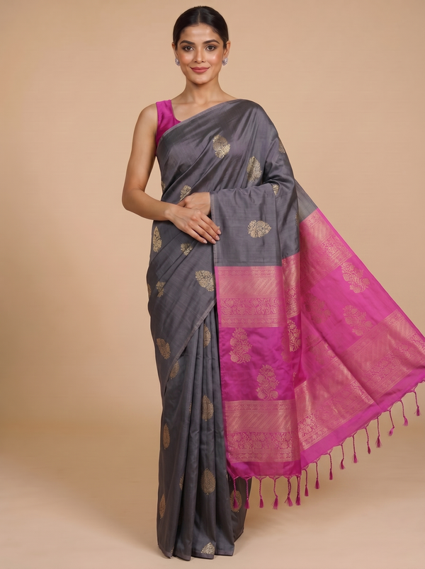 Grey with Rani Pink - Kanchi Semi Silk Saree