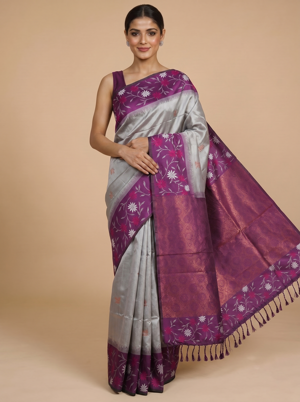 Silver with Purple Fancy Silk Saree