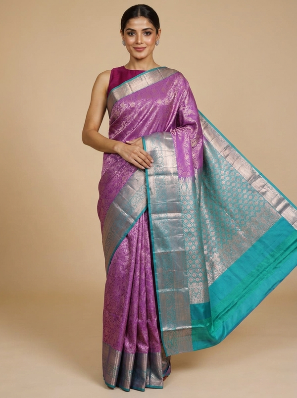 Lavender Orchid and Seafoam Green Kanchipuram Pure Mix Saree