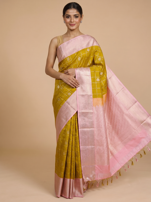 Mustard Green with Pastel Pink Kanchipuram Fancy Silk Saree