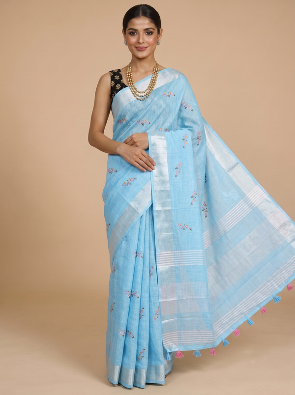Sky Blue with Silver White Pallu - Linen Cotton Saree