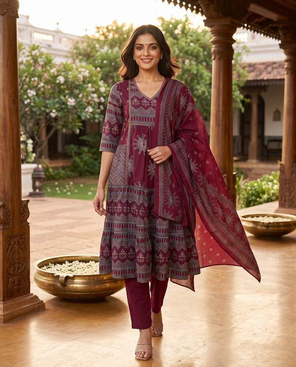 Wine Maroon with Dupatta Anarkali Kurti Set