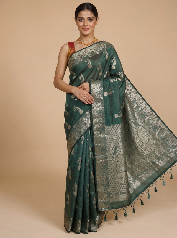 Bottle Green with Silver - Semi Tussar Saree