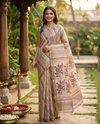 Beige and Multicolor Stripes with Floral Pallu - Linen Cotton Saree