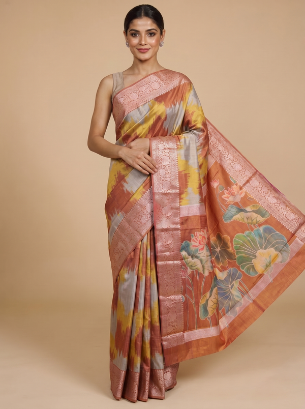 Mustard Yellow and Grey Ikat Saree with Copper-Rose Kanchipuram Pure Mix Saree
